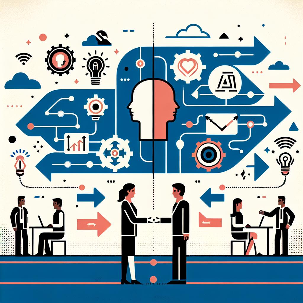 Illustrate a corporate-styled, 2D vectorial art with flat design on a texture-less white background. The scene represents the duality between innovation and regulation in the field of artificial intelligence. For the technology side, include technology icons representing the AI sector. Show policy changes with well-defined arrows illustrating transitions and changes in directions. In addition, depict two human figures interacting with the elements. One human figure is a South Asian woman, symbolizing the regulatory side, and the other figure is a Hispanic man, representing the industry side.