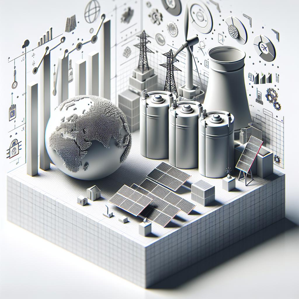 Render a flat, corporate-style, vector image on a white, textureless background. The 2D linear perspective captures several elements symbolic of technological advancements in climate technology. Depict batteries to symbolise the evolution of storage technologies, a cooling tower to represent the resurgence of nuclear energy, solar panels to indicate the prominence of renewable energy, growth charts to illustrate the technological progression in battling climate change, and planet Earth to signify the global focus on environmental solutions.
