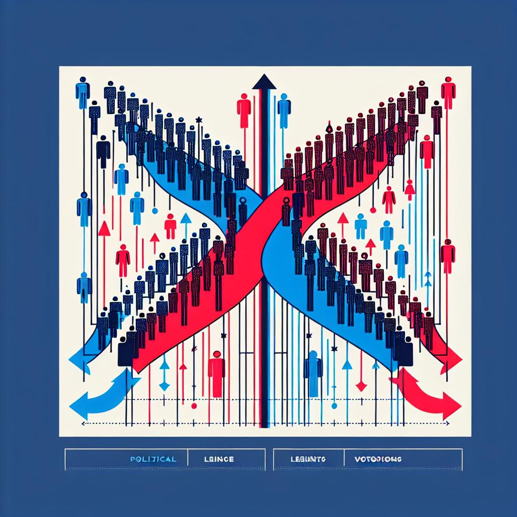 Create a 2D, linear, vector-styled corporate image on a white, textureless background. The main element should be a graph that visually represents the political polarization of different language models during a hypothetical voting scenario, using abstract blue and red figures to represent the different political leanings. Ensure the image features arrows indicating the direction of model preferences. Please note that this image does not depict any real individuals, but merely uses color-coded figures as representations.