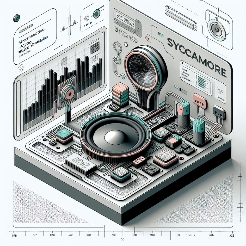 An image designed in a linear, 2D perspective with a vectorial, flat, and corporate style. The main focus is a modern prototype of the Sycamore microspeaker by a silicon valley startup, xMEMS. This microspeaker, designed for portable audio devices like smartwatches and XR glasses, integrates ultrasonic technology and an efficient chip design. The scene is set within a tech-driven environment, reinforcing the context of technological advancement. Embellishing the product are subtle modernist colors, laid in a minimalistic pattern against a smooth, textureless white background. Additional design elements symbolize its innovative design and the anticipated launch year being 2025.