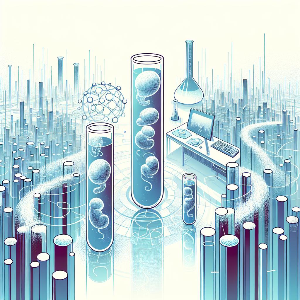 A vectorial, flat, and corporate-style 2D image with a linear perspective. The background is white and without texture, representing an undefined future and the complexities surrounding decisions about embryos. At the center, we see scientific test tubes, symbolizing assisted reproduction. Inside the tubes, frozen embryos are visible, signifying the potential of life and emotional choices. Cold colors dominate the scene, providing a sense of contemplation and gravity to the matter.