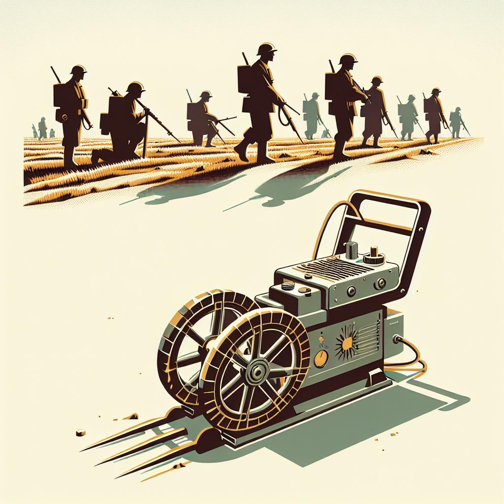 Generate an artful depiction of the Polish engineer's revolutionary invention during World War II: the portable mine detector. Picture this groundbreaking technology being used by soldiers on a battlefront. The scene is set in a flat, corporate, and vectorial style on a smooth, white background. The field where the soldiers use this tool is represented in earthy tones, symbolizing the harsh reality of the war-ridden land. Shadows of mines are subtly displayed, hinting at the looming danger just beneath the surface. All human characters in the image should be of diverse descents and genders.