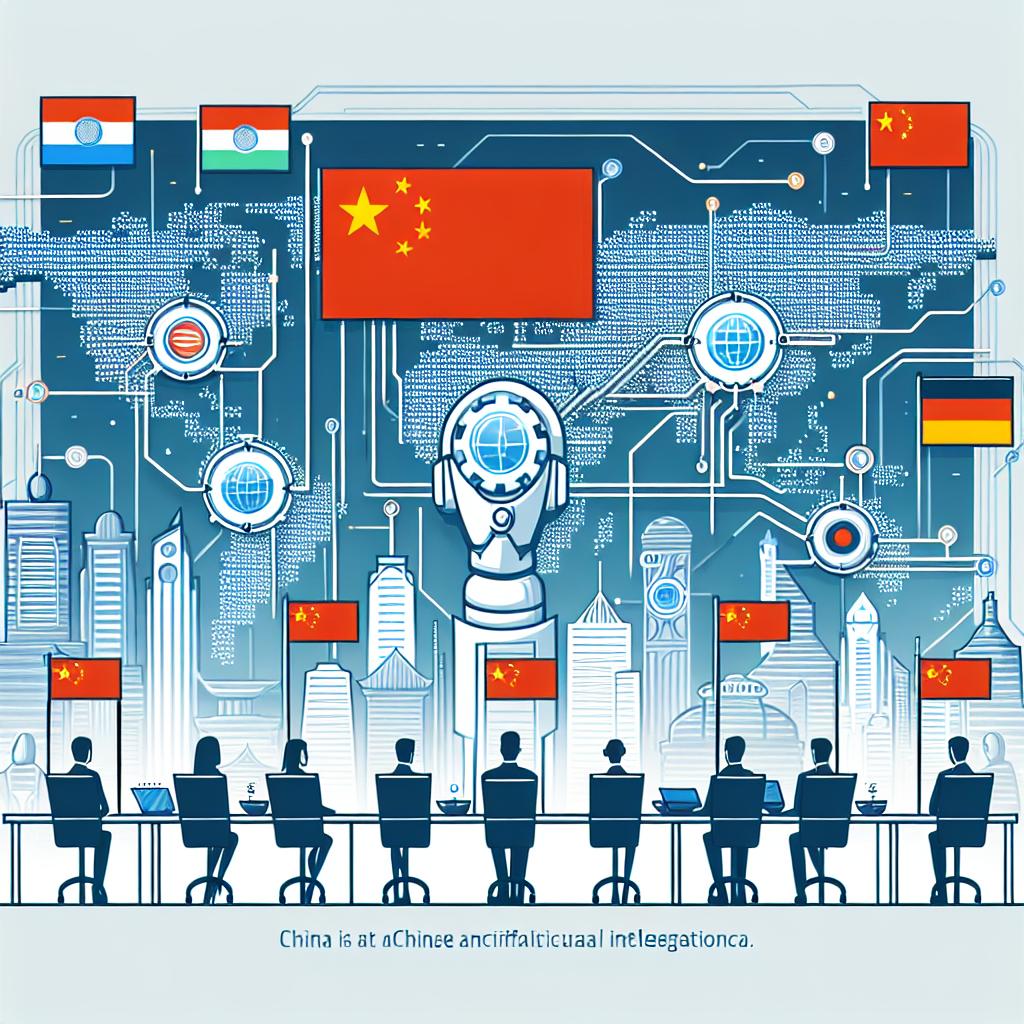 Create an image in a flat, corporate style, using a vectorial approach that captures a 2D, linear perspective. The scene is set on a white and textureless background. Depict the scenario where Chinese artificial intelligence companies are expanding their operations internationally against the heat of domestic competition. Provide a graphical representation highlighting the global expansion of these companies. Utilize elements such as maps to illustrate expansion routes and global connectivity and icons denoting AI and technological innovation. Include flags to symbolize the new markets being explored. This visualization should depict the rise of AI technology in China and their foray into emerging markets.