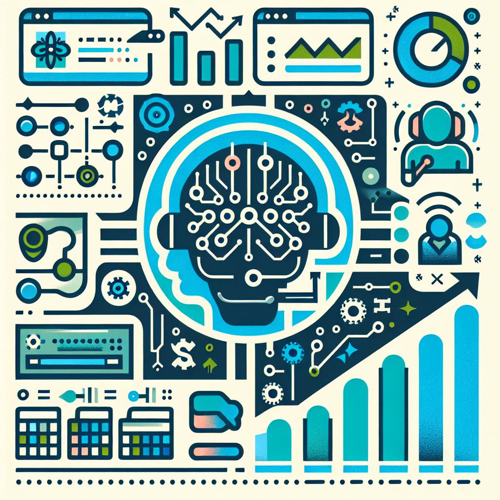 Create a 2D, flat, corporate-style vector image on a texture-less white background. The image is a depiction of the automation system used by an e-commerce startup, 'Minimal' that has an innovative customer support system based on AI. Incorporate symbols of AI, such as a digital brain or circuit, to represent the intelligence system. Include icons of customer service, like a headset or chat bubbles, to symbolize the support offered. Include efficiency charts, like upward-pointing arrows or bar graphs, to illustrate the operational improvements. The color palette should primarily consist of shades of blue and green, symbolizing innovation and trust.