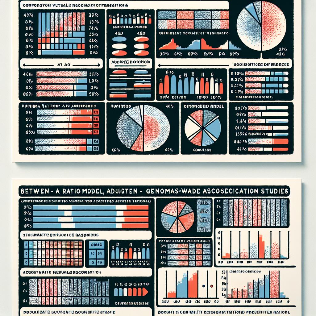 Create a 2D, linear, corporation-style, flat, vectorial visual representation on a textureless white background. The image should depict a chart comparing the results between a ratio model and an adjusted model in genome-wide association studies, with distinct significance divergences. The chart should display the comparison between the genetic variants associated with each of the two models. Incorporate detailed caption explanations about the presented data. Differentiate the numerator and denominator associations using different colors.
