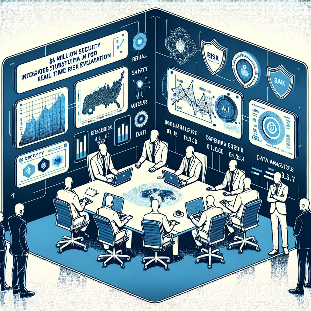 Create a 2D, vector-style flat illustration of an innovative corporate setting. Picture a white, textureless background. A Middle-Eastern security team is engaged in a meeting, symbolizing the collaborative effort in establishing a secure work environment. Between them, display analytical risk graphs on mounted display screens and table surfaces to reflect data analysis and safety metrics at play in their decisions. Show them using computers, emphasizing the technological infusion into their security work. These elements combine to portray the $6 million investment round in an Israeli startup that integrates AI for real-time risk evaluation.