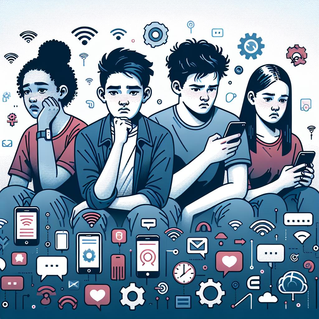 Visualize a detailed vector-style, corporate flat illustration presented in a linear, 2D perspective. The scene takes place in a digital environment. The image foreground features youth of different descents and genders: a Hispanic male, a Caucasian female, a Black male and an Asian female. They all look visibly upset or uncomfortable. Each one of them is holding a smartphone, symbolizing their direct access to modern technologies. Scattered around them are digital technology icons, like Wi-Fi signals, gears, or cloud storage symbols, signifying the digital nature of their problems. All of this is set against a plain, textureless, white background.