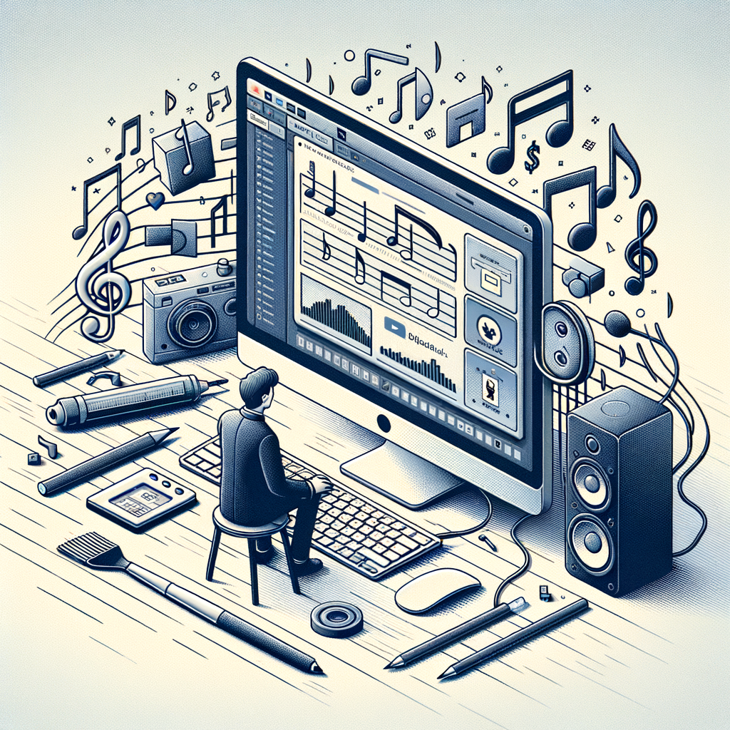 Create an image in a corporate, flat, and 2D vector style. The scene includes a computer placed on a white, textureless background. The computer screen shows music notes symbolizing the Stable Audio feature and an image with replaced objects to depict the Search & Replace function of the Stable Assistant. Around the computer, lay editing tools that represent the diverse capabilities of the software. A user, whose gender and descent are not specified, is seen interacting with the software interface, portraying the user experience. The perspective of the image is linear.