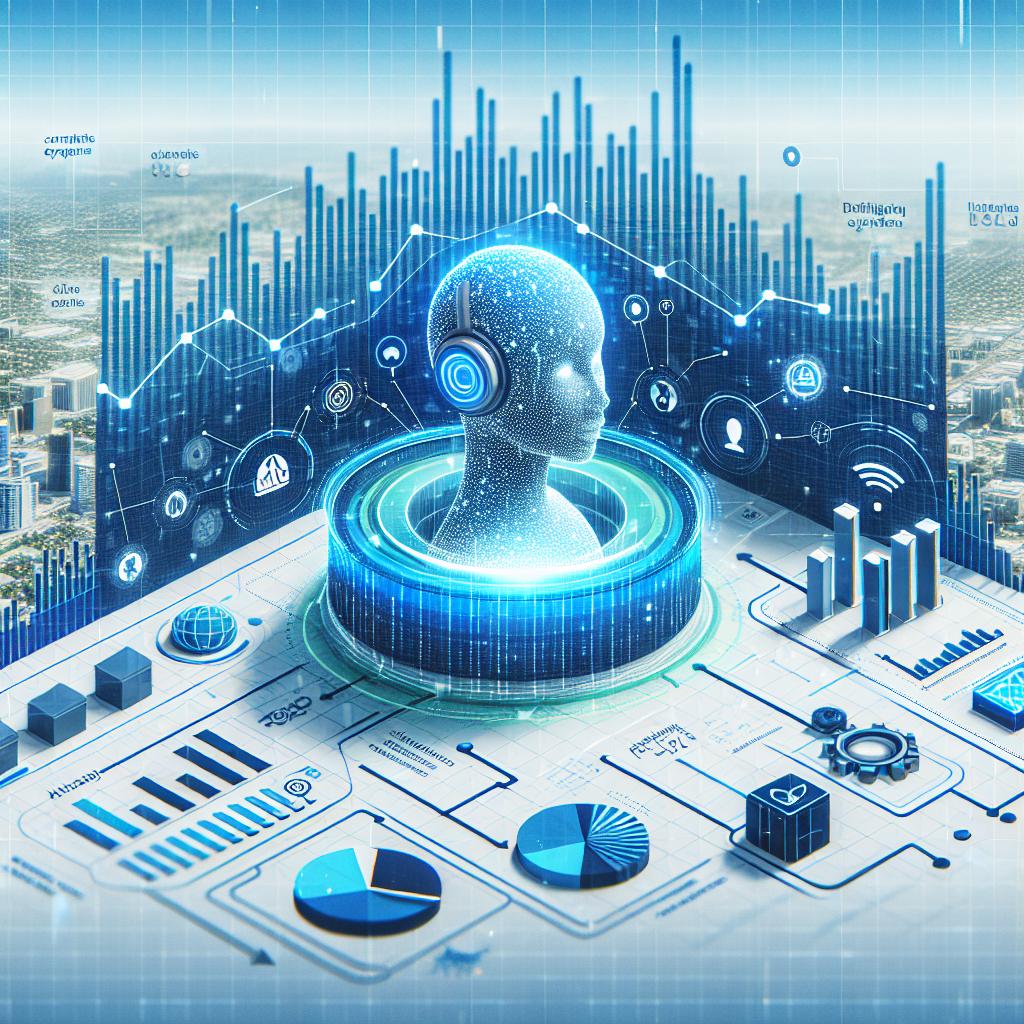 Create a vibrant, 2D and vectorial-styled image. In this corporate styled image, depict a digital environment in linear perspective with a textureless white background. The focus should be on an AI assistant, symbolizing intelligent automation, interacting with different business systems. This assistant is responsible for managing a digital interface that represents the unification of systems. Also visible are increasing graphs, indicating the success of the company, along with the logos of their client companies to demonstrate market reliability and adoption. Use colors blue and green predominantly throughout the image to convey technology and trust.