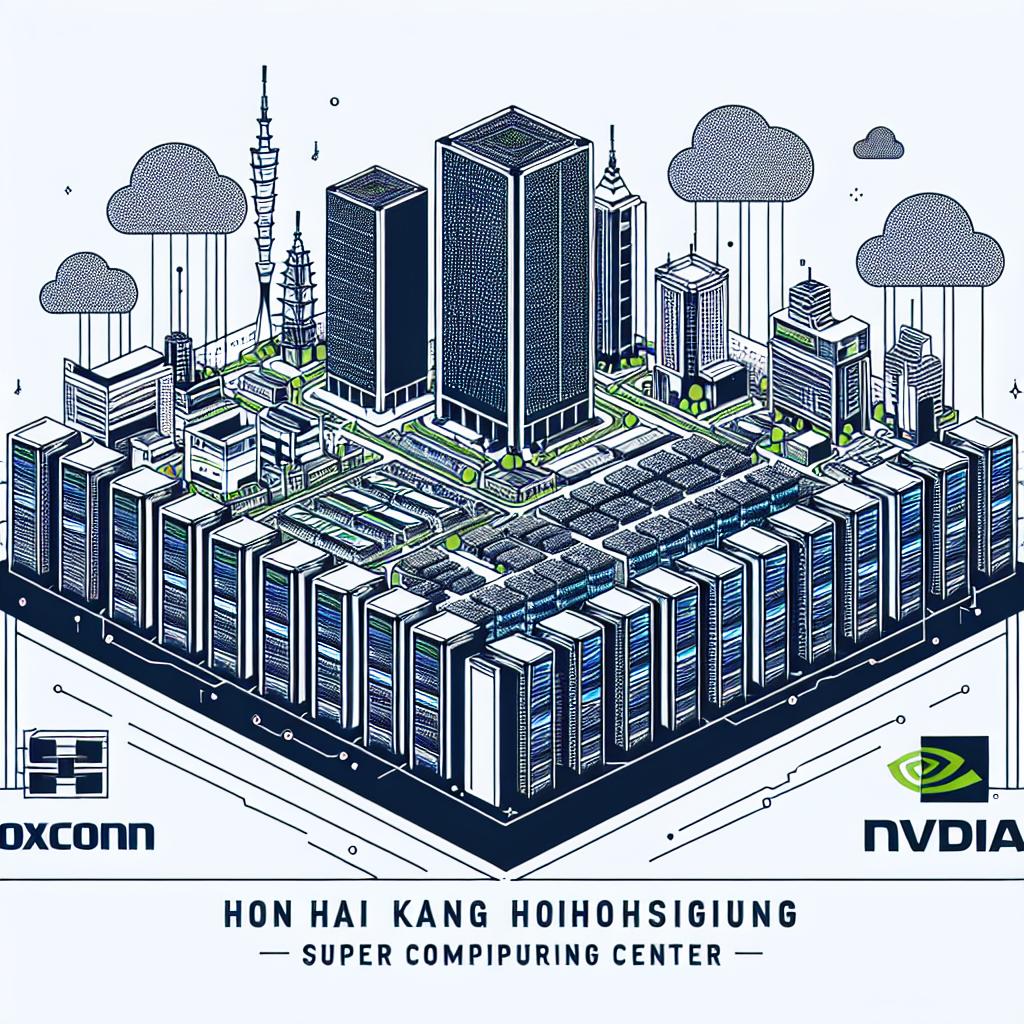 Imagine an artistic representation of the Hon Hai Kaohsiung Super Computing Center, announced for 2026 by Foxconn in partnership with Nvidia. The visual interpretation should be based on a bright, flat corporate style in vector form. Specifics of the visual include racks of servers symbolizing the supercomputer's infrastructure, set against a backdrop of a modern city indicative of the vision of smart cities. Data clouds floating amidst these elements offer a visual take on digital transformation. Lastly, feature logos that are suggestive of Foxconn and Nvidia without being their exact copies, to reinforce the technological partnership. The image should be 2D, linear, and presented on a white, texture-less background.