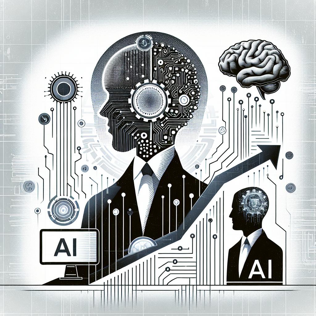 An image displaying a composition that signifies evolution in artificial intelligence. At center, there is a generic male figure who is the leader of a leading AI company, combined with graphic elements representing the company's emblem. A digital brain is also present, symbolizing the quest for advanced artificial intelligence. All these elements are in flat, corporate, and vector style, representing a modern, tech-related and business-oriented atmosphere. The background of the image is white and texture-less, while bits of electronic circuits subtly appear emphasizing the technology theme. The whole scenario is depicted in a 2D, linear perspective.