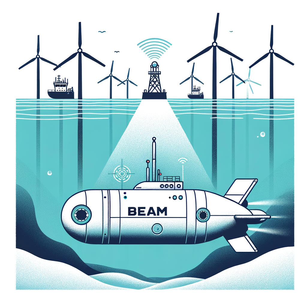 An illustration in a flat, corporate vector style. The image is a 2D, linear perspective of an autonomous submarine vehicle inspecting offshore wind farm structures. The vehicle symbolises Beam's autonomous technology. Data is being transmitted in real time to the shore, symbolizing efficiency in data collection. The deep sea is visible, highlighting the vehicle's ability to inspect at great depths. Beam's logo is present to identify the company responsible for the innovation. The background of the image is white and textureless.