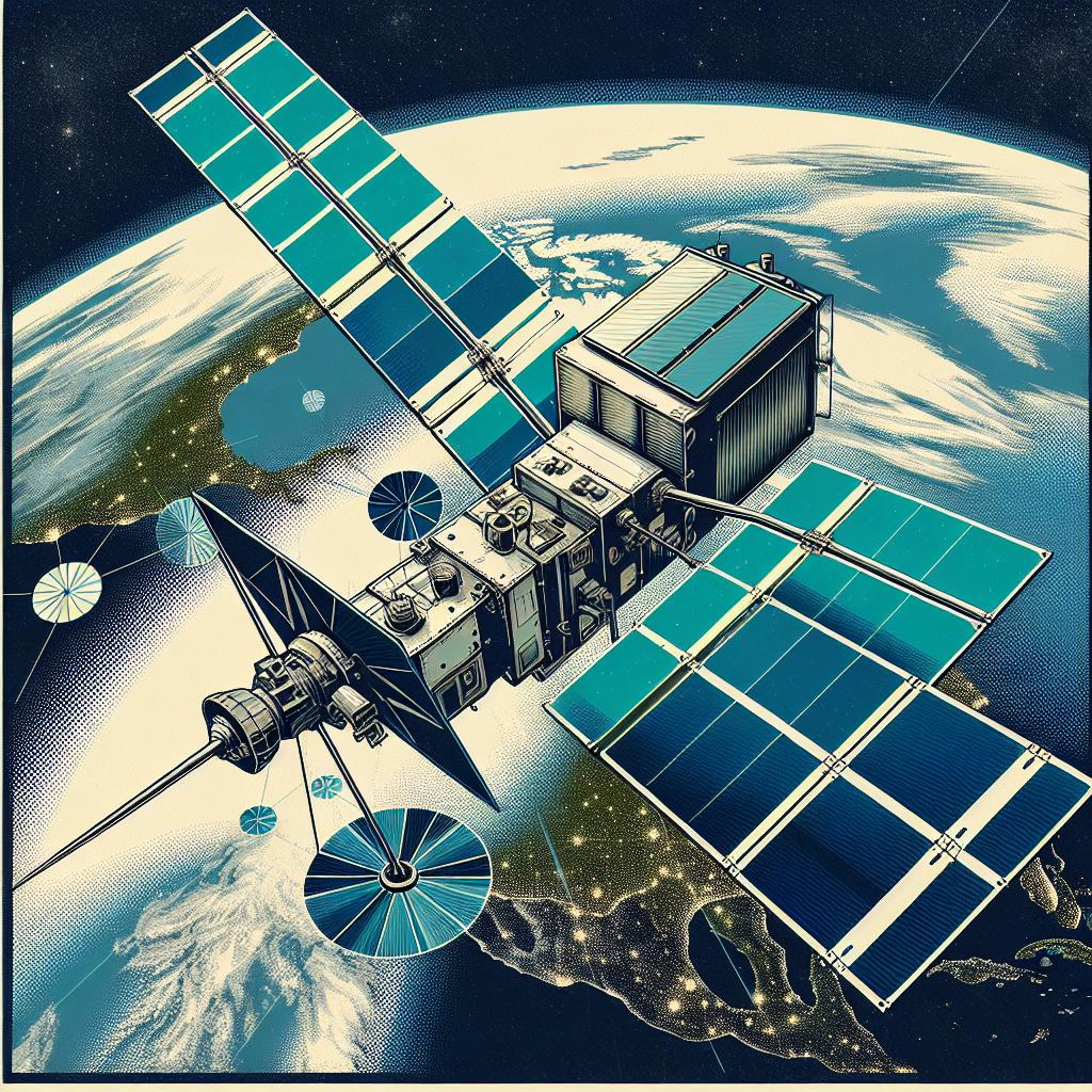 Create a digital painting for an artificial mid-1970s satellite named Parcae, deployed in space. This satellite, showcased in a vector, flat, and corporate style, revolutionized electronic surveillance during the Cold War and helped in maintaining the global power balance. The satellite should be represented in a 2D linear perspective with open solar panels against a backdrop of Earth viewed from space. The dominant colors should be blue and green, symbolizing technology and surveillance. Additional elements like radar imagery or communication signals should be included to emphasize the intelligence function of the satellite. The entire illustration should be on a textureless white background.