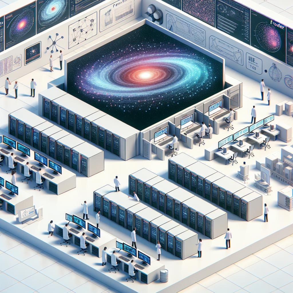 An image depicted in a 2D, linear perspective set in a modern research laboratory. On a plain white background, there exists a scene presenting the revolutionary Exascale supercomputers like Frontier, capable of performing a quintillion operations per second. These supercomputers are shown executing complex simulations allowing advancements in various scientific and technology fields. Accompanying these machines are scientists of varying descents and genders, collaboratively analyzing data from the simulations. With a vector, flat, and corporate style, the monitors display galactic data visualizations symbolizing technological innovation and collaborative work.