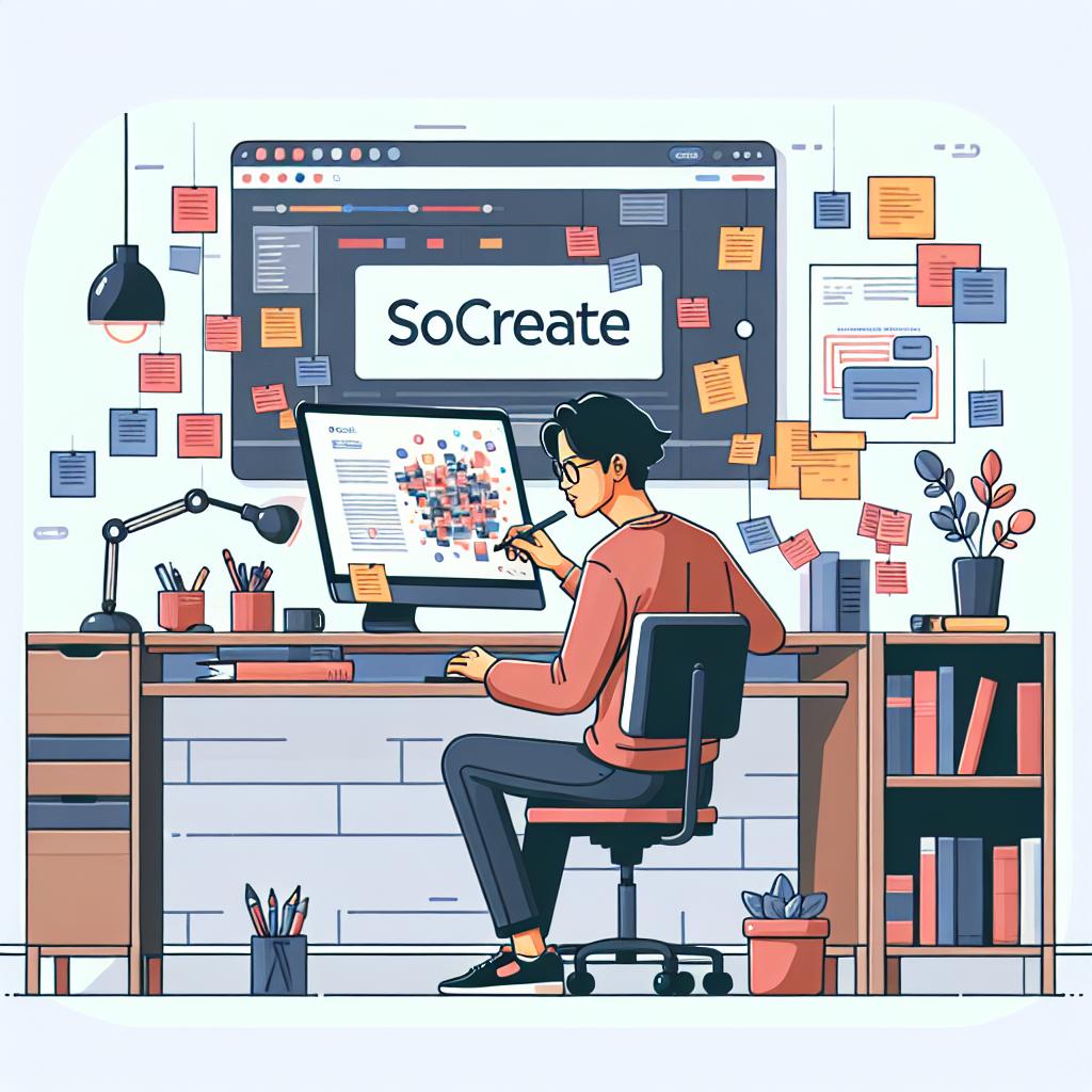 Illustrate an image in a Vectorial, Flat, and Corporate style, abiding by 2D Linear Perspective. The illustration should depict an Asian male writer in a modern workspace using a computer software named 'SoCreate', which represents technology and innovation. This software is a new screenplay platform proposed as an innovative tool for writers using generative AI tools to transform the creative process, launched on 10th October 2024 and promises to enhance narrative quality by allowing direct integration of visual elements into scripts. Additional elements in the scene should include colorful sticky notes, symbolizing creativity and brainstorming, and a bookshelf, highlighting the importance of literature and screenplay. The depicted setting should have a cozy ambiance to portray an idea of a creative and inspiring space. The background of the picture should be white and textureless.