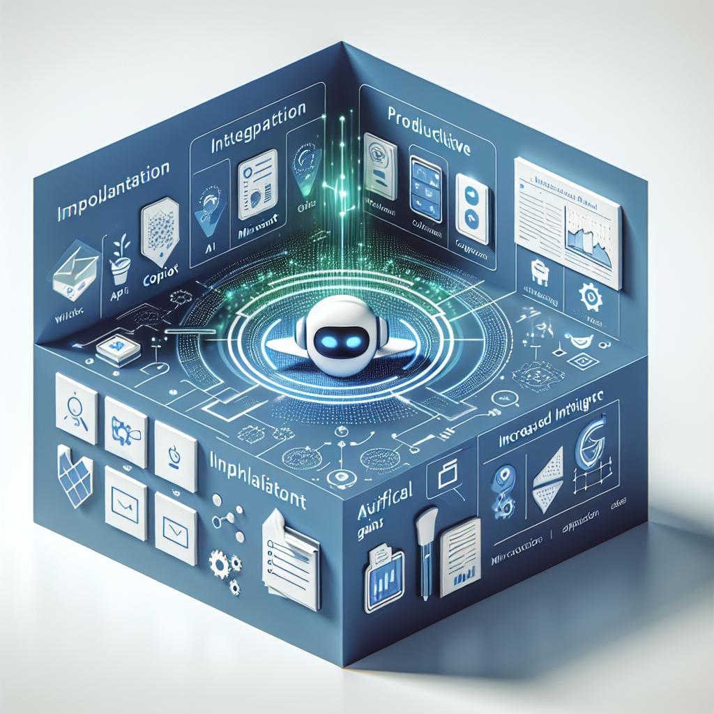 Create a flat, corporate-styled image in a 2D linear perspective, set against a textureless white background. The main features are the integration of artificial intelligence, specifically highlighting the functionality of the AI assistant, Copilot, within the key applications of Microsoft 365. Insert symbols of increased productivity to represent efficiency gains with new tools, and include Microsoft 365 application icons to denote the applications that Copilot will facilitate. Incorporate blue and green colors to mirror Microsoft's visual branding and the technological aspect. Additionally, add a captivating text element regarding the implementation of Copilot to engage the viewer's attention.