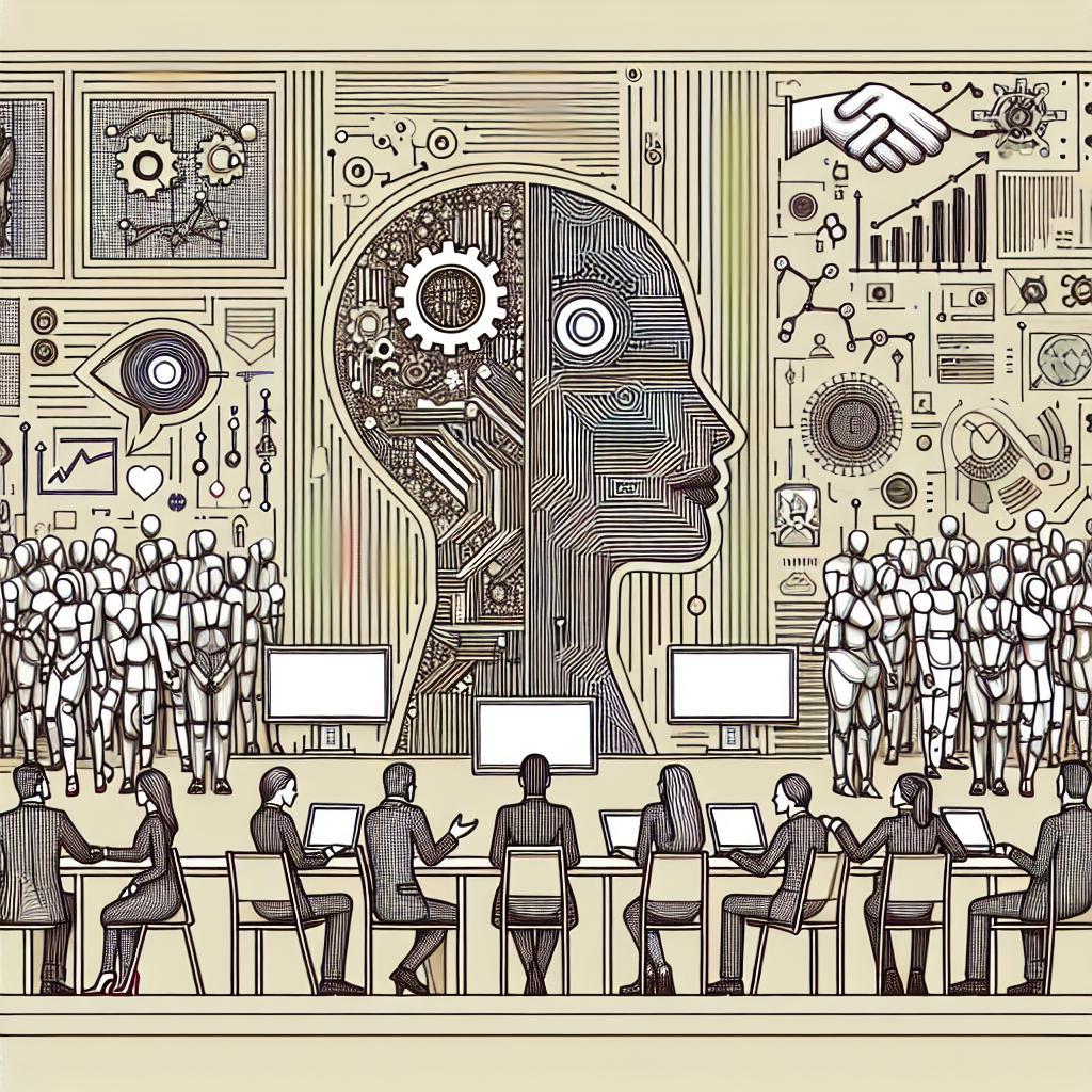 Craft an image in a corporative, flat, and vectorial style that resonates with the contrasting themes of artificial intelligence and human creativity. The image should be 2D and linear with a plain white background. Place groups of people from diverse descents and genders in intense debates over the issue. In the scene, also include a computer representing the use of technology in art, with screen projections displaying artificial intelligence graphs to highlight their controversy. Furthermore, infuse the setting with sketches, symbols, and artifacts representing the human side of artistic creation.