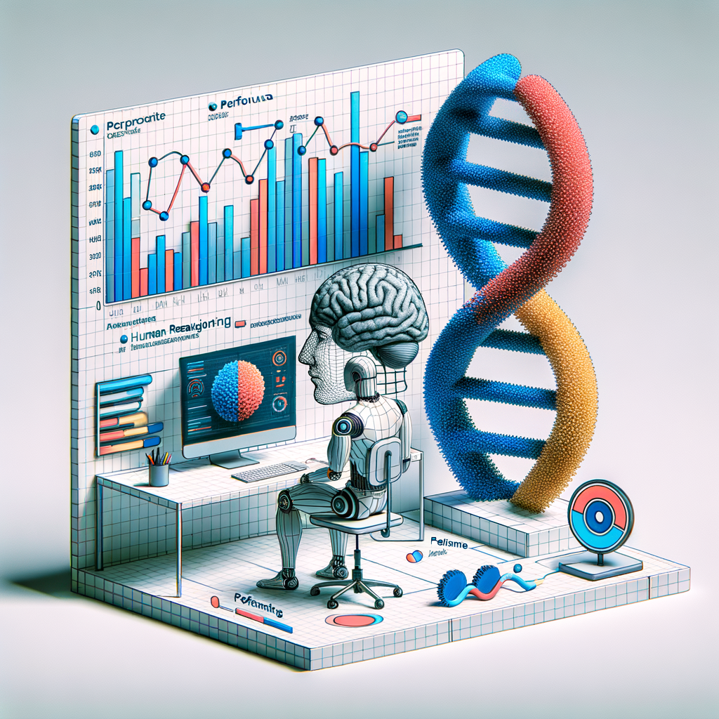 In a 2D, linear perspective, create a corporate, flat, vector-style image on a white, textureless background. In the scene, feature a human brain connected to a computer, demonstrating the integration of the o1 model with AI systems. This brain symbolizes the human reasoning which the model attempts to emulate. Behind these two, place a DNA chain, which signifies the complexity and technological advancement of the model. Include performance graphs in the scene to illustrate the superior results of the o1 model in benchmarks. Lastly, present a robot with a thoughtful expression, signifying the model's ability to 'think' before responding.