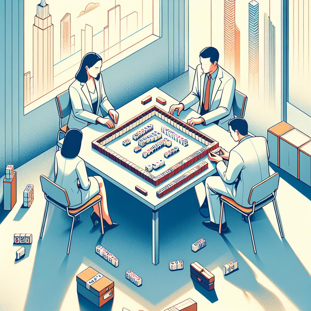 Create a flat, corporate style, vector image with a linear 2D perspective. The scene takes place on a white, textureless background. At the center, there's an ongoing game of Mahjong with pieces laid out on the board. The players, a South Asian female and a Hispanic male, are deeply concentrated, illustrating human interaction and strategy. The entire gaming scenario captures the essence of the competition, evoking the complexity of the game that challenges language models. Lightly drape the scene with a soft, cozy illumination.