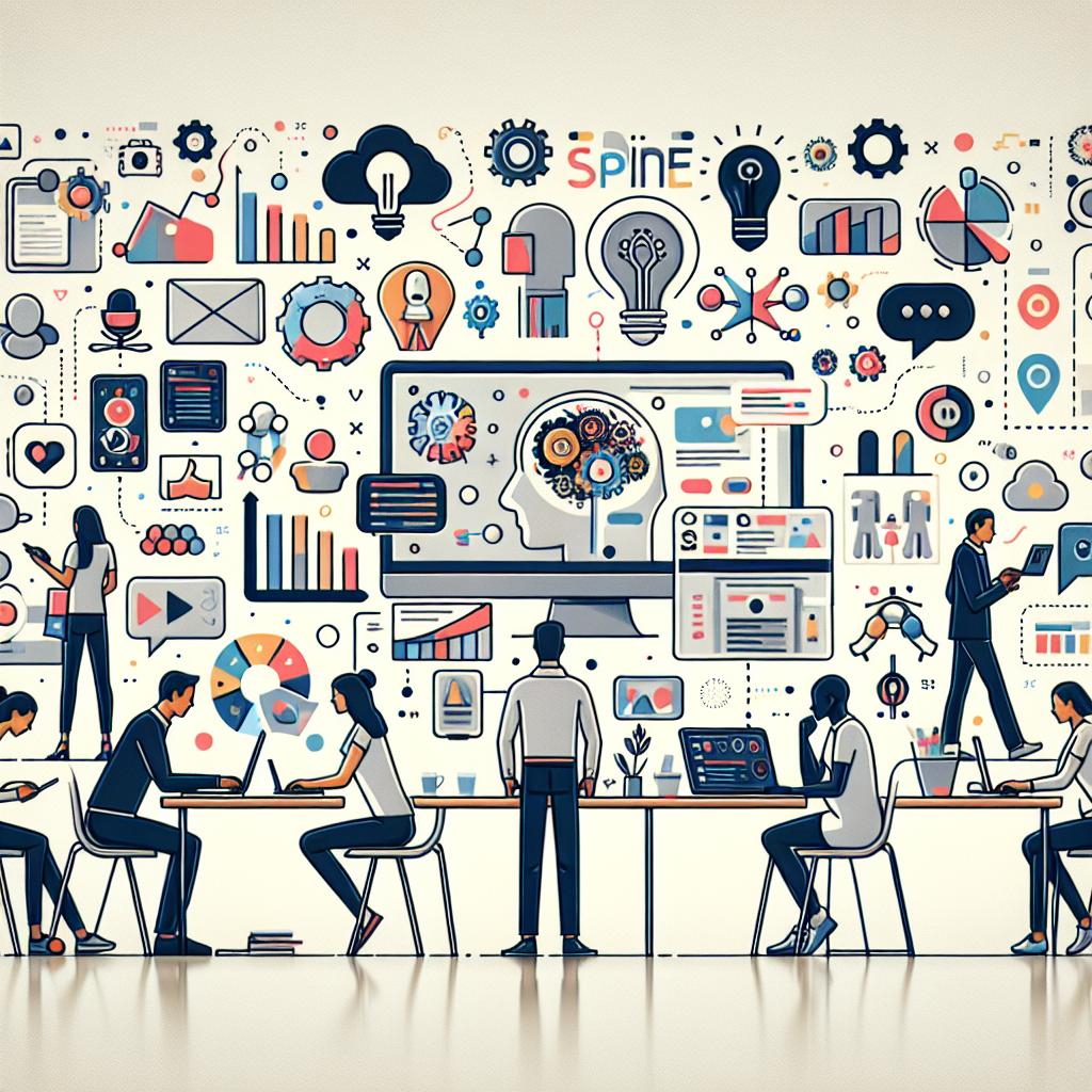 Visualize a modern and creative workspace which is a representation for the integration of various AI tools for content creation, inspired by the announcement of the SPINE platform by Civitai. Let the scene picture people - an Asian man, a Hispanic woman, a Black woman, and a Caucasian man - interacting with computers and devices in a collaborative manner to create digital content. Picture a person working on a laptop demonstrating the accessibility of these tools. Integrate thought bubbles or charts to symbolize creativity. Include icons for different media types - images, videos, music underlining the diversity of content offered by SPINE. Style the setting to be flat, corporate, and optimized for 2D linear perspective with a white, untextured background. Lastly, make sure the environment feels light and inspiring, illustrating the notion of innovation and collaboration.