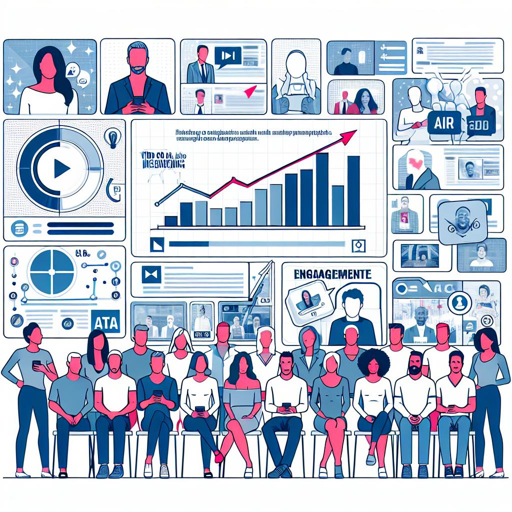 Illustrate a 2D, linear perspective image with white, texture-less background. The style should be in a vector-based, flat and corporate design. The image showcases users of varying descents such as Caucasian, Hispanic, and Black men and women interacting with video content on social platforms. The backdrop features a collage of video ad thumbnails developed with AI signalizing the diversity of available formats. In addition, the engagement graphics, having an upward trend, represent the surge in video consumption. Please include the logo of a fictional technology company similar to Meta, to underscore the corporate identity.