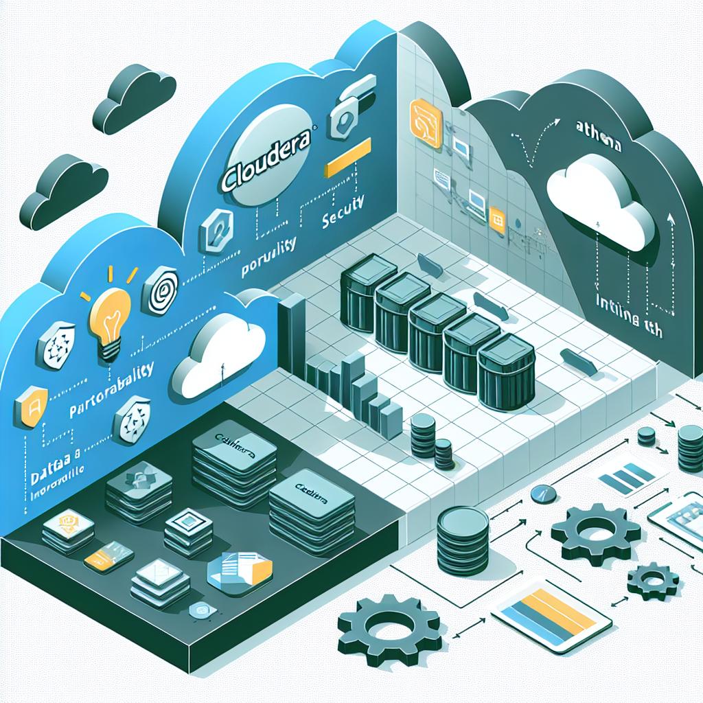 Generate a 2D, linear perspective illustration in a vector, flat, corporate style set against a white, textureless background. Depict data being shared between Cloudera and Amazon Athena using the Iceberg REST Catalog. The scene should include icons symbolizing data security and interoperability. Additionally, incorporate clouds to symbolize portability between public and private cloud, gears to illustrate the efficiency and optimization of ETL processes, and a chart to reflect data analysis and increased ROI.