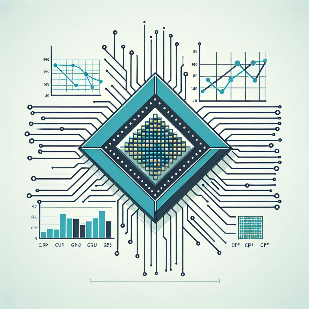 Generate an image in a vector style, flat and corporate look, with a two-dimensional, linear perspective set against a white, texture-free background. The focal point of the artwork should be a Central Processing Unit (CPU), symbolizing the innovative approach taken by a company in the field of machine learning. Include a logo that carries the essence of the mentioned company without specifying it explicitly. Representation of performance graphs showing a comparison between CPUs and GPUs should be demonstrated, speaking to the themes of accessibility and efficiency.
