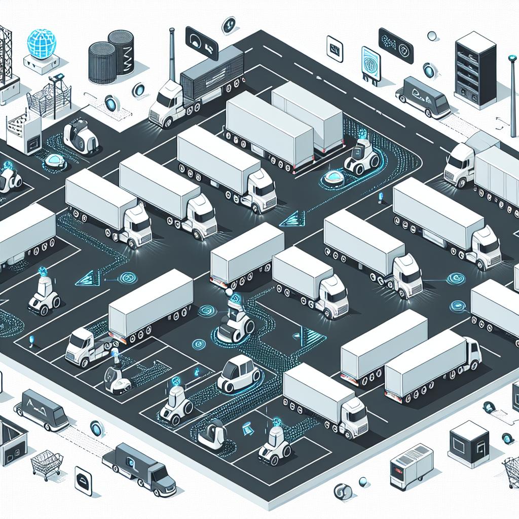 Create a 2D, linear perspective image in a corporate flat, vector style. The scene is that of a busy distribution yard with autonomous yard dog vehicles operating amidst trailers, embodying advanced reinforcement learning techniques. The yard dogs are maneuvering trailers efficiently and safely, highlighting modernity and innovation brought by artificial intelligence technology. The yard also features electric trucks symbolizing a transition toward more sustainable logistics. All these are set against a white, textureless background. Finally, sprinkle some icons representing artificial intelligence and technology to symbolize the digitalization and automation of the processes.