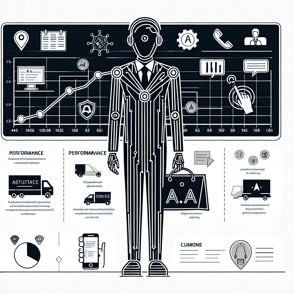 Create a 2D, linear vector image in a corporate style. The image is set against a plain white background. In the center, portray an AI-powered virtual assistant from CloneOps.ai. This character is digitally-shadowed, symbolizing the cutting-edge technology behind the agent. The AI assistant is seen interacting with customers through a phone, showing a seamless connection between the customer and the company. Nearby, include a performance graph illustrating increased efficiency and various icons representing different communication methods, emphasizing the innovation in customer services for logistics companies. None of the human characters are depicted.