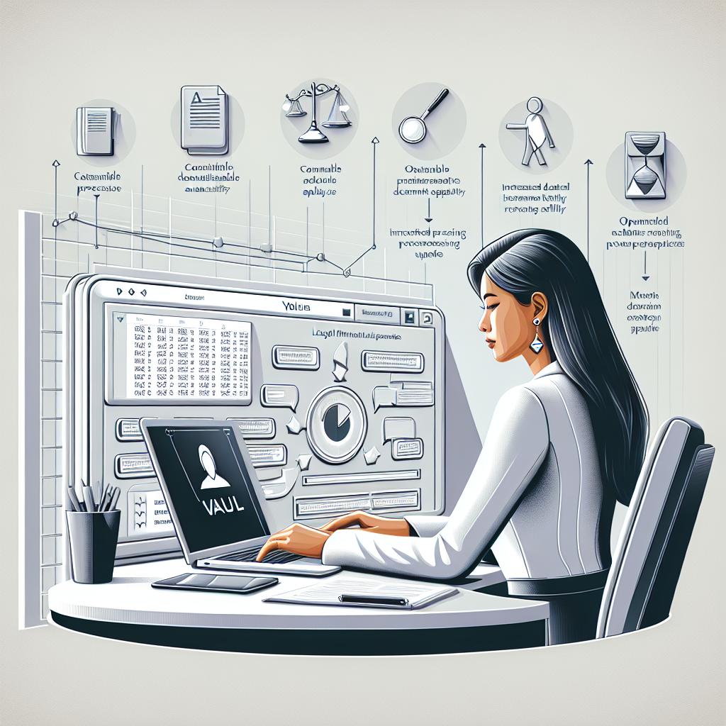 Create a 2D, linear perspective representation of a white, textureless office scene featuring a South Asian female lawyer working on a laptop. The laptop screen is displaying an interface updates of a legal and financial document reviewing software,  'Vault'. Illustrate the software interface as modern and clean, with customizable review tables and interactive charts that aim to represent optimized document analysis, increased processing capacity, and operation efficiency. The style should reflect a vector-based, flat, and corporate visual tone. The added elements such as interactive charts, working lawyer, and modern interface should highlight the data analysis capacity, target demographic, and technological upgrade respectively.