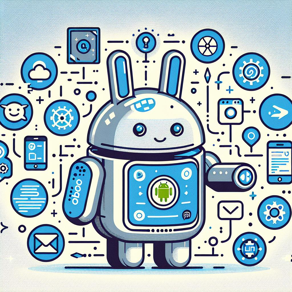 Generate a digital illustration showcasing the future of personal assistants. Depict a friendly digital robot known as Rabbit R1, powered by an Android operating system. It should be represented as interacting with various online services, symbolizing the agility and innovation brought by the Large Action Model (LAM). Show icons of typical online platforms, but do not use any real company names or logo. Include a user-friendly screen interface that demonstrates the efficiency of the new LAM. Opt for a vector-style, flat, corporate aesthetic on a white, texture-less background. Make it in a 2D, linear perspective.