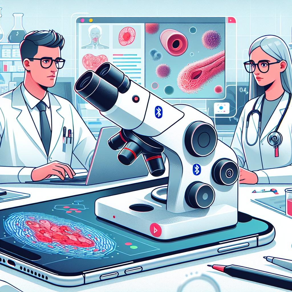 Depict an innovative research scenario in a modern laboratory setting. In the foreground, showcase a Bluetooth microscope, named the BLEscope, being used by a Caucasian male scientist and a Middle-Eastern female scientist. They are both in a white lab coat observing colorful images of blood vessels and tumors on a screen. The BLEscope, the unique and advanced tool, should be prominently placed on a clean workspace and should be illustrated to highlight its wireless functionality. Keep the overall style vector, flat, and corporate. Maintain a 2D linear perspective throughout the illustration with a white, texture-less background.