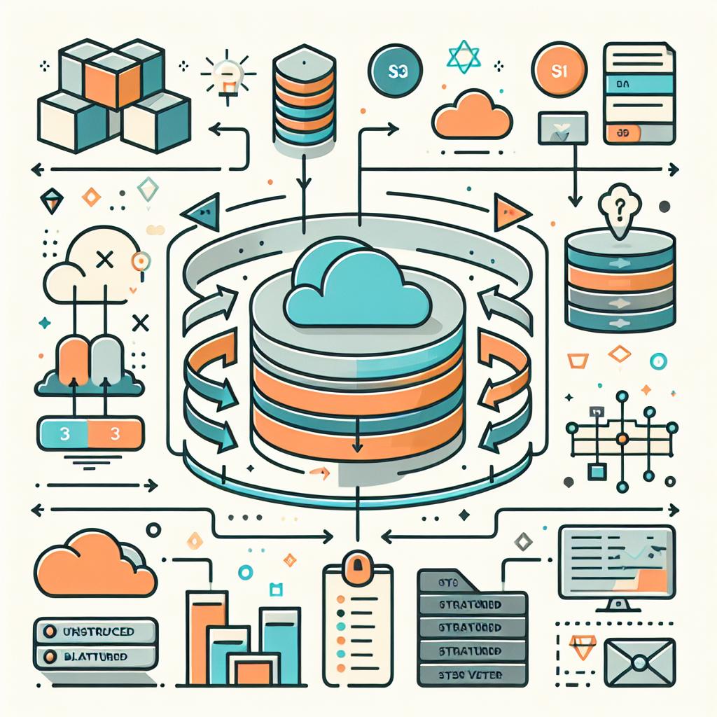 Design an image that encapsulates a user-friendly interface of an abstract platform that helps transform unstructured data from S3 buckets into a structured Pinecone vector database. It should exude a corporate yet inviting appeal with soft and attractive colors for easy vision. Key visual elements include 2D, linear graphs showing the transformation process, with arrows guiding the viewer through the stages. The image's style should be flat and vector-based, all set against a white, textureless background. Additional symbols you may add are document and cloud icons to emphasize the representation of data in the S3 location.