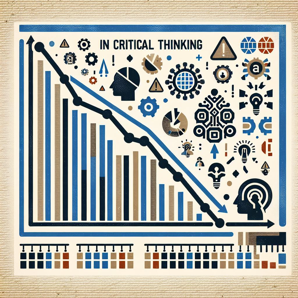Create a 2D vector image in a flat and corporate style on a white, texture-less background. The image should prominently display a graph that illustrates a decrease in critical thinking as the usage of generative AI in the workplace increases, specifically shown through contrasting scales. Relevant to the data, include sober colors instilling a sense of caution about the situation. Additionally, design assorted icons that symbolize cognitive abilities, representative of those abilities at risk due to over-reliance on AI technology.