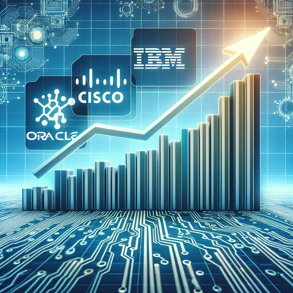 Create a 2D, flat, and corporate-style illustration showing the rise of legacy tech company stocks in an ascending graph, over a technological background filled with circuit designs. On the graph, feature symbols or abstract designs that represent Cisco, IBM, and Oracle, which are the companies leading the way. It all should be set against a featureless white background, signifying a clean and crisp corporate approach. The upward graph signifies the return and growth of these companies' stocks, while the technological background emphasizes the context of technology and innovation.