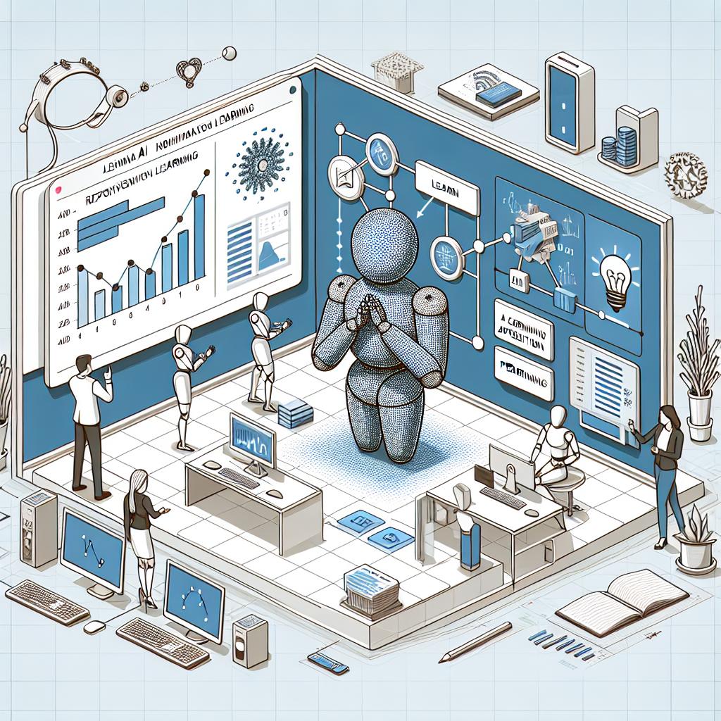 Create a 2D, linear perspective image in a flat, vector style with a white, textureless background. The image represents the corporate world of AI and shows the concept of an 'aha moment' in reinforcement learning. In the scene, there's an illustrated AI model which represents its ability to learn and reason. It's interacting with data in a learning environment. Also, include performance graphs that show the model's progression throughout training. To illustrate practical application, incorporate the context of the Countdown game. Finally, depict an implied technical setup symbolizing the development environment necessary for this kind of training.