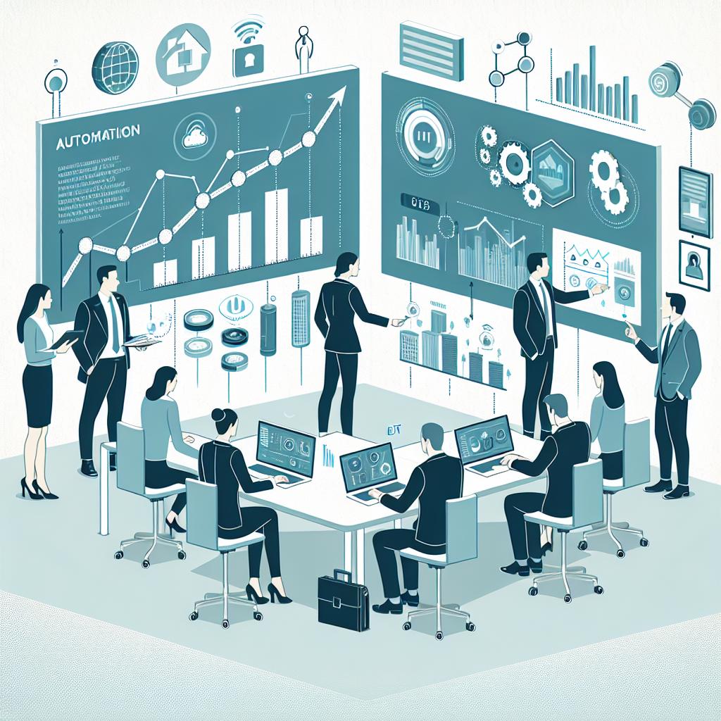 Create a 2D, flat, corporate-styled vector illustration on a white, texture-less background. The image should depict a diverse group of workplace professionals collaboratively using advanced technology to manage assets in a corporate environment. The scene should exhibit elements that symbolise automation and artificial intelligence like ascending performance charts, signifying real-time data analysis, and connected IoT devices, symbolising connectivity and automation. Use shades of blue and green to communicate trust and innovation. Additionally, an integrated digital interface should be included to suggest the use of sophisticated software for management.