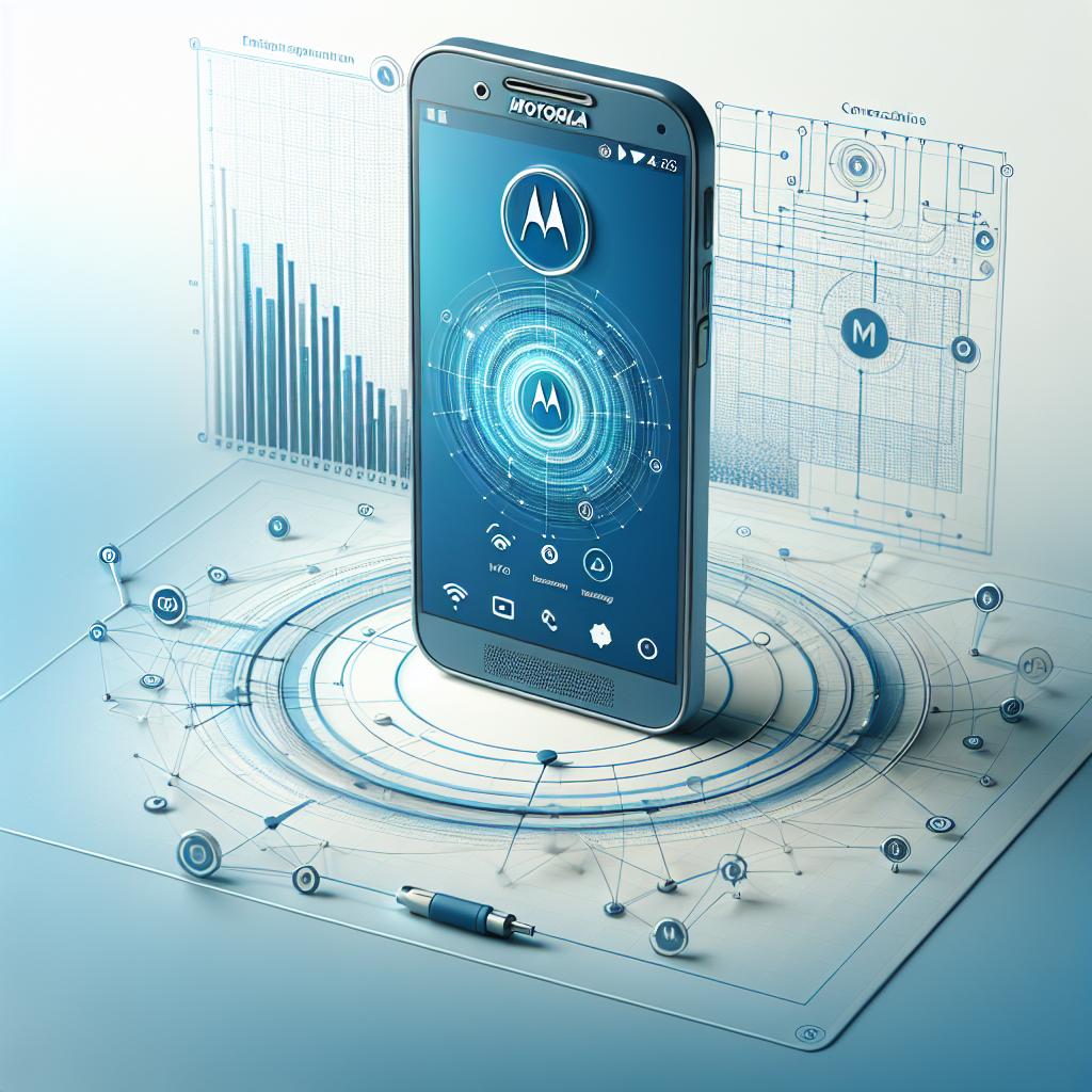 Image in corporate, vectorial, and flat style. The image's perspective is 2D and linear on a white, untextured background. The central subject is a Motorola smartphone, symbolic of technological innovations. To denote the brand, the Motorola logo is prominently featured. A connectivity chart is also present in the scene, symbolizing the integration between the devices. The color palette consists primarily of shades of blue and white, signifying modernity and innovation.
