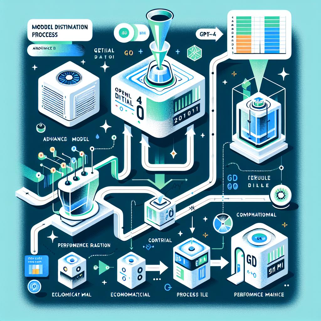Create a vector-style, flat, corporate 2D image with a white and textureless background that illustrates OpenAI's new model distillation process announced on October 1, 2024. The visual representation should focus on the data transition from advanced models like GPT-4o to economical models like GPT-4o mini, emphasizing the efficiency of the new system. Include visual representations of the AI models, process flow arrows indicating the data flow between the models, as well as blue and green colors to symbolize innovation and efficiency. Additionally, depict performance charts showing a comparison of results between the models, and explanatory text providing details about OpenAI's new features.