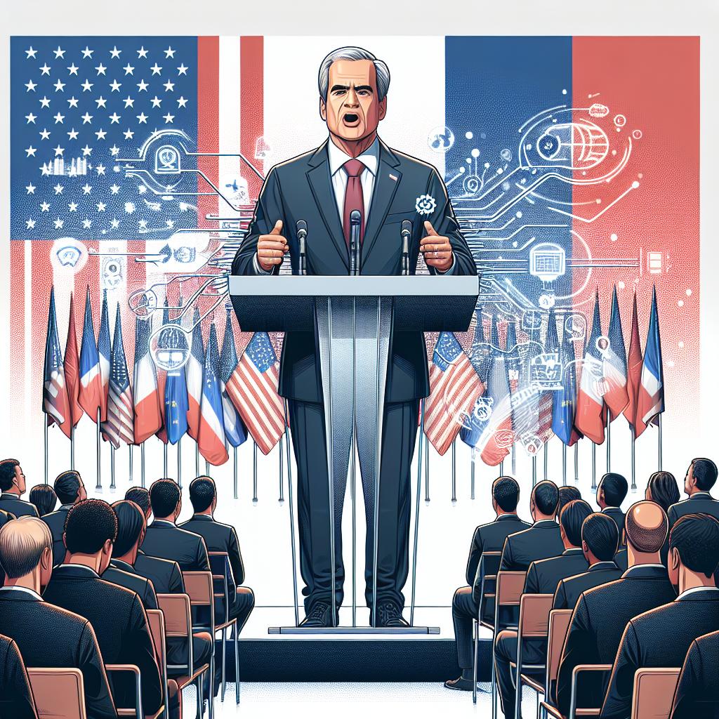 An important figure akin to a vice-president seen from the front, passionately giving a major policy speech at the International Artificial Intelligence Action Summit in Paris. He stands on a stage against a background of American and French flags, underscoring international collaboration, and specifically the impact of AI on global relations. His demeanor and discourse suggest a strong focus on deregulation in AI. Surrounding him, a global audience of business leaders and influencers listen attentively. The image is presented in a 2D linear perspective with a corporate, vector, and flat style. The background is plain white. To further emphasize the theme, digital innovation symbols representing AI are subtly integrated into the scene.