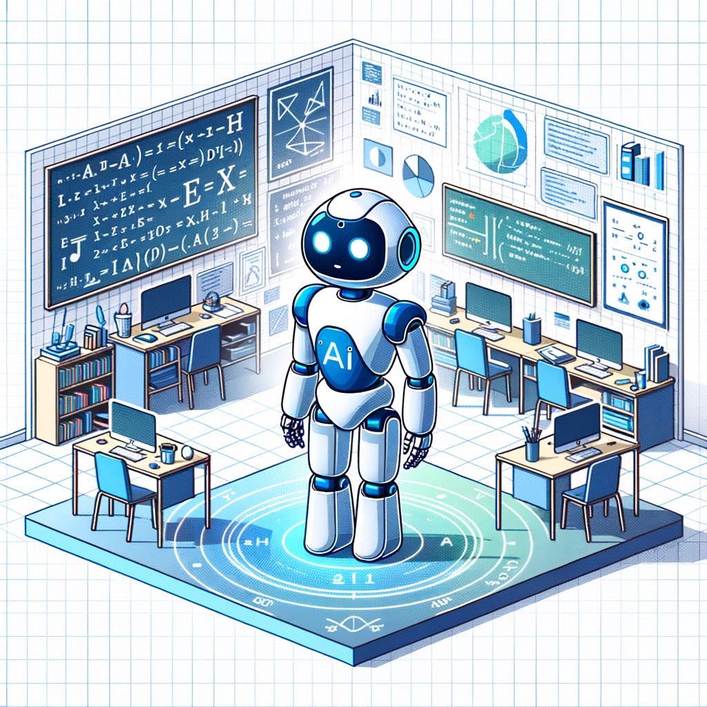 Create a 2D vector-style image on a plain white background. The scene takes place in a classroom or lab setting, with an artificial intelligence robot or avatar at its center, representing the o1-mini model from OpenAI. This AI figure is actively solving mathematical and coding problems, underscoring its STEM specialization. The room around the AI is filled with relevant symbols of reasoning and analysis - charts and equations. Use a color palette primarily composed of blues and greens to convey a sense of technology and innovation.