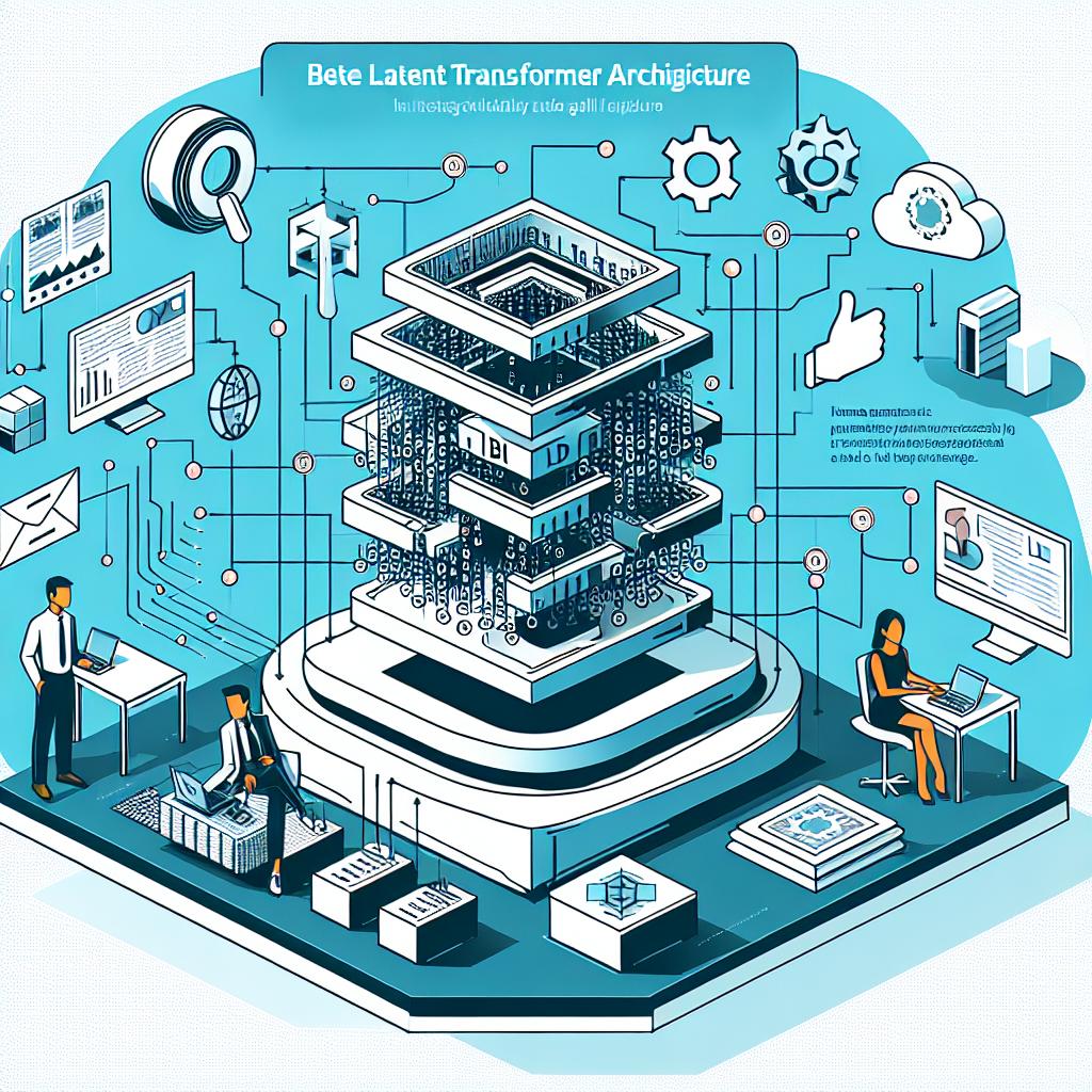 A detailed representation in 2D, linear perspective of the Byte Latent Transformer (BLT) architecture. This innovative solution for improving the efficiency and versatility of large-scale language models (LLMs) is highlighted in the graphic. The image illustrates the architecture's flagship feature of processing data at the byte level, removing the need for tokens. The style is flat and corporate over a white, untextured background. Include characters - a South Asian man and a Caucasian woman - working on artificial intelligence, signifying human impact and research collaboration. Also, complement the design with symbols of computing and data to emphasise the topic's technical nature. Feature notes and charts as visual aids to describe the research data and outcomes.