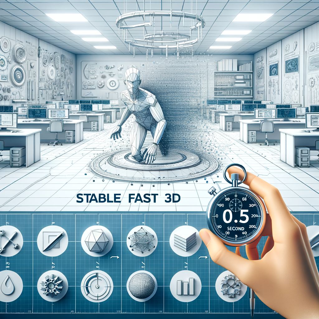An image in a corporate, flat, and vector style, featuring a white, textureless background. The perspective is a 2D, linear view. Within this setting, there's a visual representation of a 3D object being generated from a single image, alongside a digital stopwatch displaying '0.5 seconds' - symbolizing high-speed 3D asset generation. Color palette includes various shades of blue and gray, indicative of technology and innovation. Additional elements include icons representing gaming, architecture, and design, hinting at the industries that would benefit from this technology. In the backdrop, a high-tech laboratory environment populated with computers and display monitors showcasing 3D models, elevates the concept of advanced technology. The title 'Stable Fast 3D: Innovation in 3D Asset Generation' is prominently set at the top.
