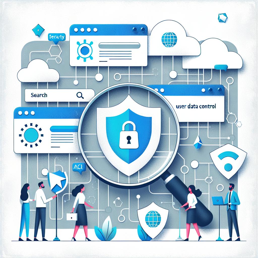 Craft a flat, corporate-style 2D vector illustration depicting the interface of PrAIvateSearch, an innovative search engine combining AI with user data control. The illustration is set against a white, textureless background. The scene should incorporate several symbolic elements: a shield, representing data security; a magnifying glass standing for efficient search; code, symbolizing openness and transparency; and a cloud, embodying the internet and connectivity. Lastly, include representations of happy users of different descents and genders, conveying the satisfaction derived from using the platform.