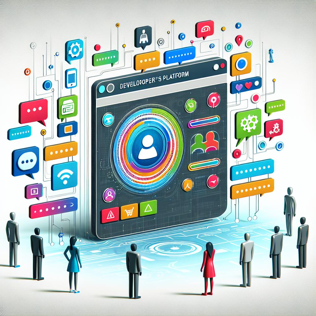 Generate a 2D, vector-styled image with a corporate feel on a white and untextured background. In the forefront, display an interactive digital interface that represents a developer's platform where conversation agents are being created. The interface should have vibrant colors symbolizing innovation and technology and include customization icons demonstrating the ability to personalize the bots. Also incorporate elements of interaction to illustrate the conversation between the user and the AI.