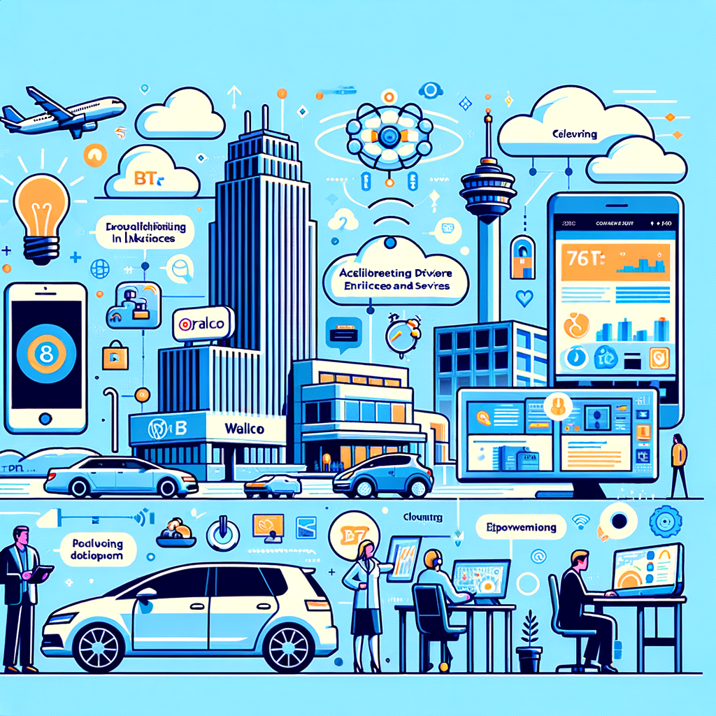 Create a flat, corporate, vector style image in 2D linear perspective with a plain white background. The image should contain various elements symbolic of Cloudera's worldwide impact. Firstly, a connected car indicating SAIC-Volkswagen using Cloudera for driver insights and services. Secondly, a call center, which symbolizes how the BT Group uses Cloudera to improve operational efficiency and customer experience. Thirdly, a research lab to represent IQVIA accelerating drug development with Cloudera. Fourthly, we need an illuminated city, signifying Meralco and other energy companies using data, enhanced by Cloudera, to improve their services. Lastly, there should be people interacting with their devices, illustrating Cloudera's influence on everyday digital experiences.