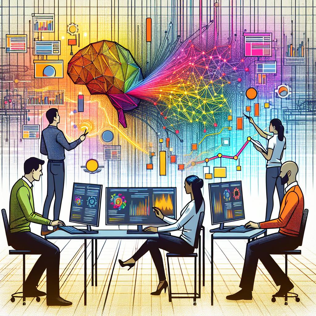 Create a corporate Vector/Flat style 2D linear perspective image against a textureless white background. Illustrate an innovative digital environment where diverse developers, including a Hispanic male and a Middle Eastern female, are working together. They are engaging with vibrant-colored neural network graphs, symbolizing their focus on deep learning advancements. Each individual should be depicted engaged, demonstrating an active community contributing to improvements. The use of bright colors is essential to grab attention and signify innovation. The setting is January 31, 2025, marking the launch of PyTorch/XLA 2.6, a significant improvement in the PyTorch framework for Cloud TPUs.