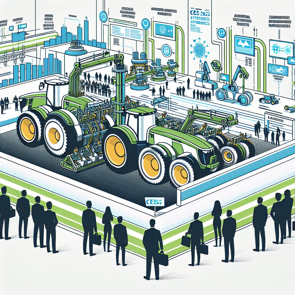 A vector-style, flat, and corporate illustration depicting the CES 2025 event in Las Vegas, where the traditional agricultural equipment manufacturer, John Deere, unveiled its new line of autonomous machines. The image is in 2D with a linear perspective on a white and textureless background. It showcases a line of autonomous tractors and trucks, highlighting the integration of advanced technology in agriculture and construction. It represents innovation, efficiency and the mitigation of qualified labor scarcity in these sectors. Additional elements include spectators showing their interest in agricultural technologies, and informational panels giving details about the specifications and benefits of the machines.