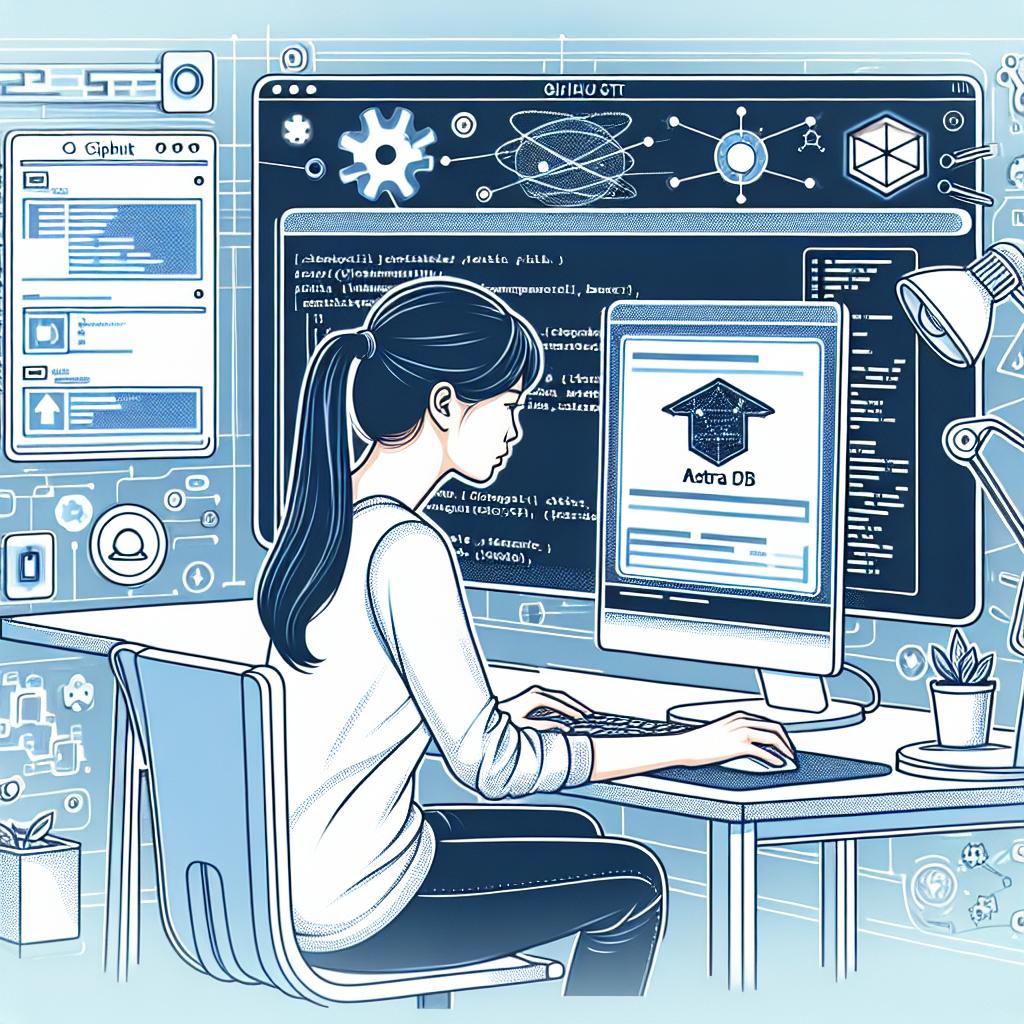 Illustrate a modern, bright office atmosphere featuring a Flat Vector style design. In this image, let's show an Asian female developer deeply engaged in her work on a computer screen that displays the interface of GitHub Copilot. We see her utilizing this platform to manage an Astra DB database. The visual elements surrounding the scene emanate innovation and technology. Various coding icons are interwoven throughout the scene to suggest a coding environment. The backdrop is completely white and lacks any texture. The entire image is drawn in a 2-dimensional, linear perspective, implying a corporate environment.