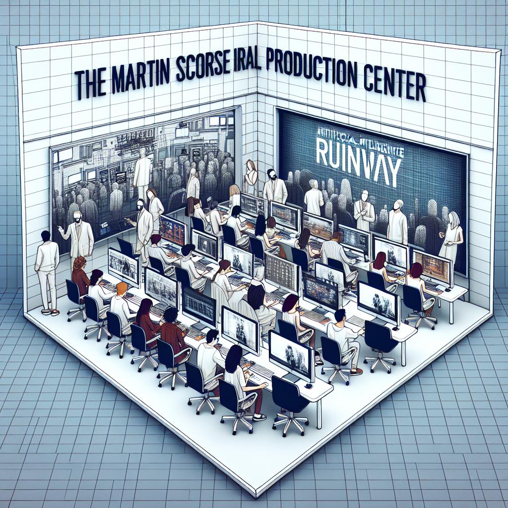 Imagine a 2D, linear perspective scene set in a modern, innovative virtual production center known as the Martin Scorsese Virtual Production Center. Being vector, flat, and corporate, it's placed against a white, textureless background. Students of diverse descents and genders, emphasizing diversity and collaboration in learning, engage with artificial intelligence tools for movie production. They're operating computers with screens showing off Runway software, emphasizing the cutting-edge technology being employed. The setting's modern flavor reflects the focus on innovation. Note that this is all non-specific to any real individuals, including Martin Scorsese.